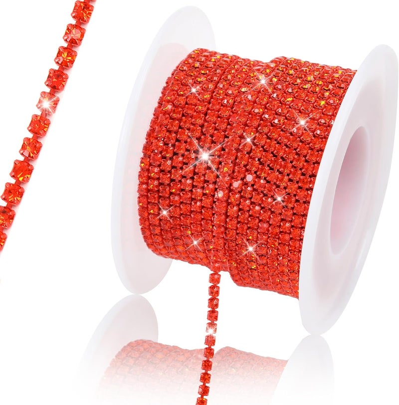 Rytenz 10 Yards 2 MM Rhinestone Chain Trim Crystal Rhinestone Close Chain Trim for Sewing Crafts, DIY Decoration, Jewelry, Clothing, Shoes (Red-Orange Color) - Image 1